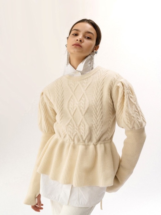 PUFF-SLEEVED CABLE KNIT TOP (IVORY)