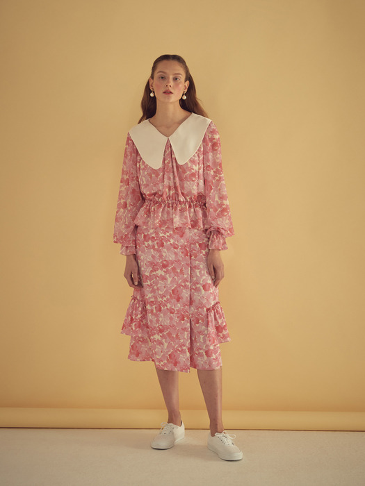 SATIN COLLAR FLORAL DRESS - PINK