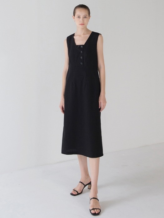 Linen Square Neck Dress - Black