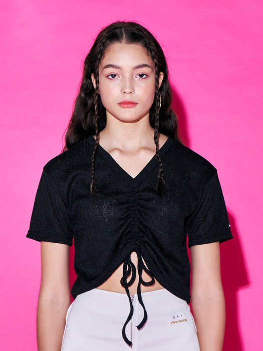 Shirring Knit Crop T-shirt [Black]
