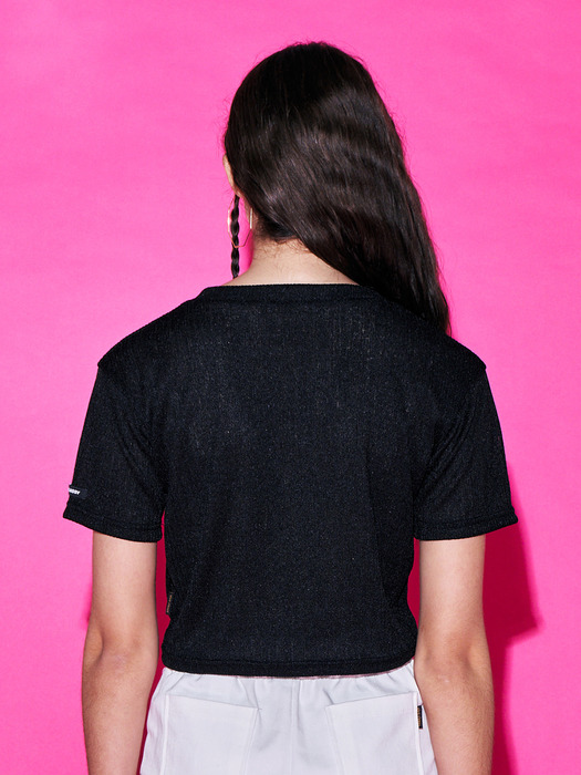 Shirring Knit Crop T-shirt [Black]