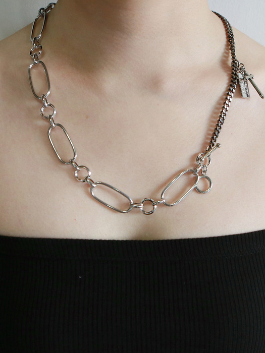 half chain cross necklace-silver