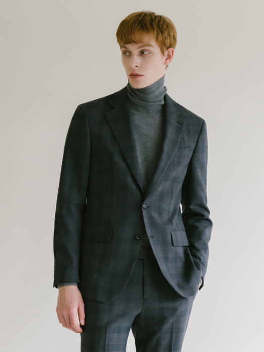 Wool Blend Classic Suit Jacket D/Grey Check
