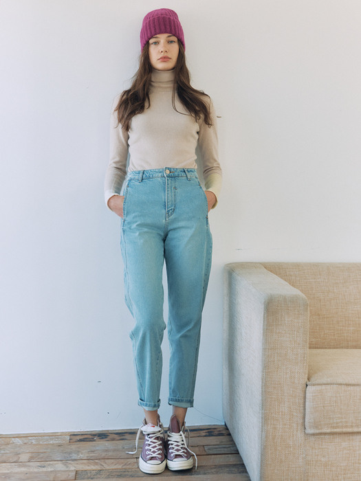 [FRONTROW x RePLAIN] Color-Block Cashmere Blend Turtleneck + High-rise Regular Jeans_L.blue SET