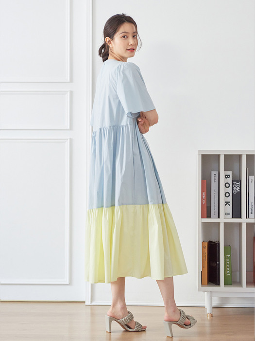 Color Block Shirring Romantic One-piece_skyblue