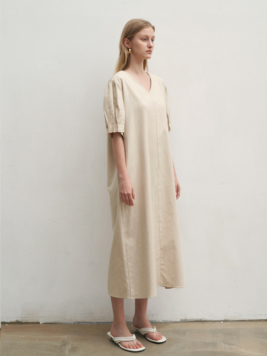 VOLUME LINEN LONG DRESS_BEIGE