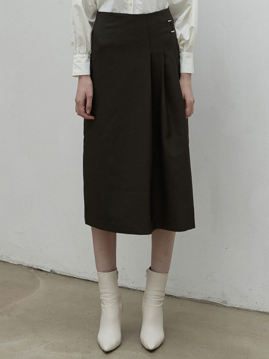 iuw1084 buckle pleats long skirt (brown)