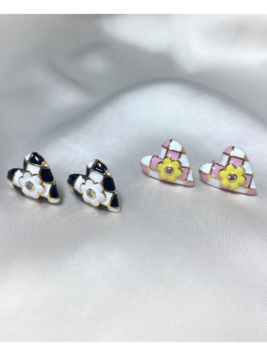 Flower Heart Checkboard Earring_EC1744