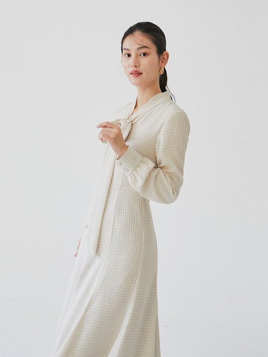 [미전시]KATE Ribbon tie long sleeve check dress (Dusty beige)