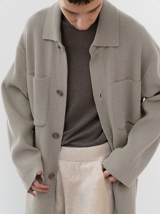 Wool blended shirts collar long coat_Light Khaki
