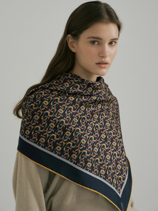 Chain Square SilK Scarf 90 - Navy/Yellow