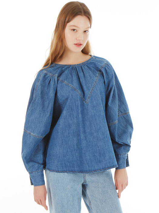 UP-182 V컷 벌룬소매 데님블라우스 블루 _ V CUT BALLOON SLEEVE DENIM BLOUSE BLUE