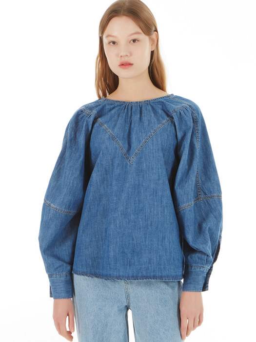 UP-182 V컷 벌룬소매 데님블라우스 블루 _ V CUT BALLOON SLEEVE DENIM BLOUSE BLUE