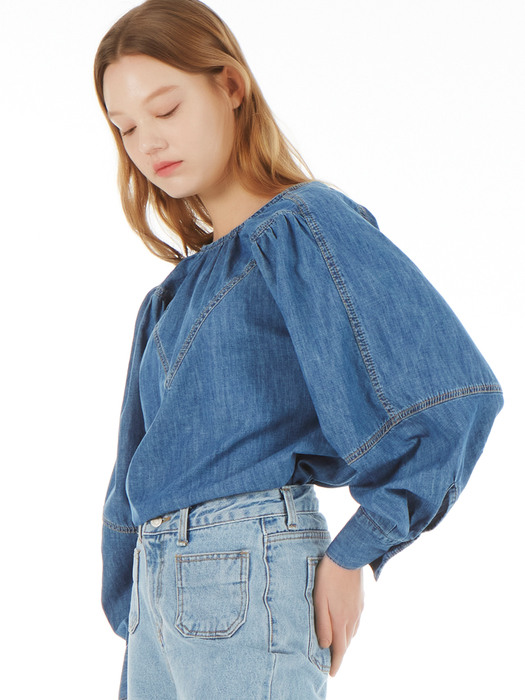 UP-182 V컷 벌룬소매 데님블라우스 블루 _ V CUT BALLOON SLEEVE DENIM BLOUSE BLUE