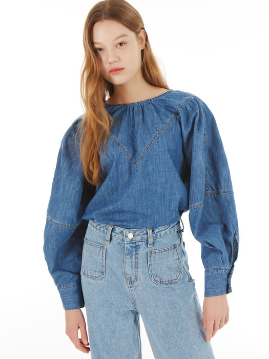 UP-182 V컷 벌룬소매 데님블라우스 블루 _ V CUT BALLOON SLEEVE DENIM BLOUSE BLUE