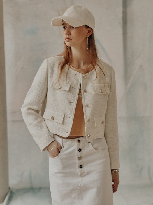 [ESSENTIAL] SABRINA Crop Tweed Jacket_Cream Ivory
