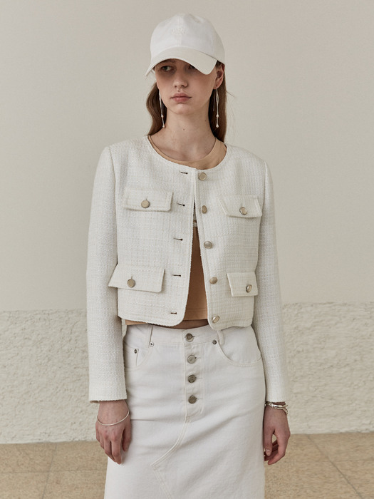 [ESSENTIAL] SABRINA Crop Tweed Jacket_Cream Ivory
