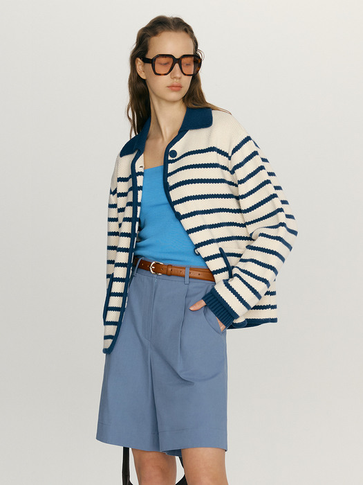 LUCKY Stripe Knit Cardigan (Ivory&Navy blue)