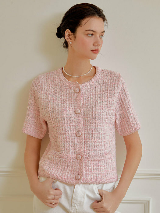 Tweed half sleeve cardigan (pink)