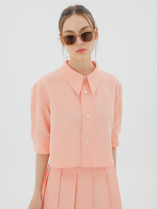 Cropped Linen-Blend Shirt Pink