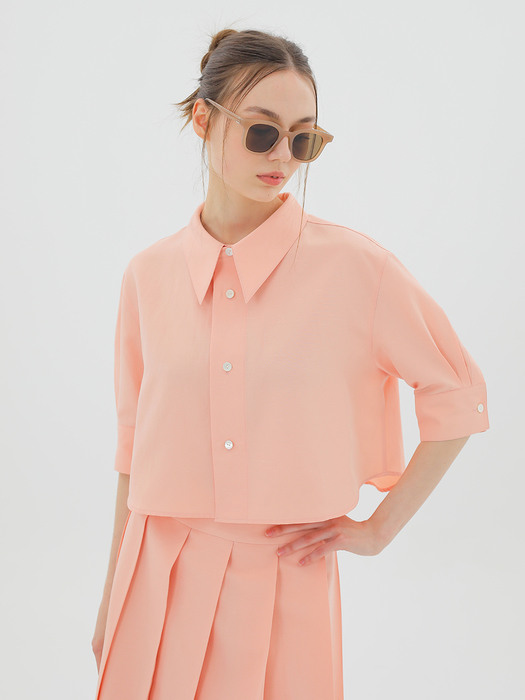 Cropped Linen-Blend Shirt Pink
