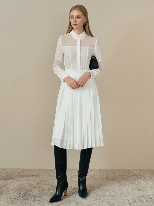 LILIAN See-through pleated skirt dress_white