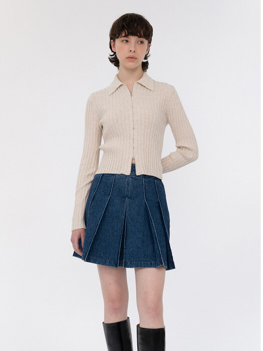 pleats denim mini skirt (mid blue)