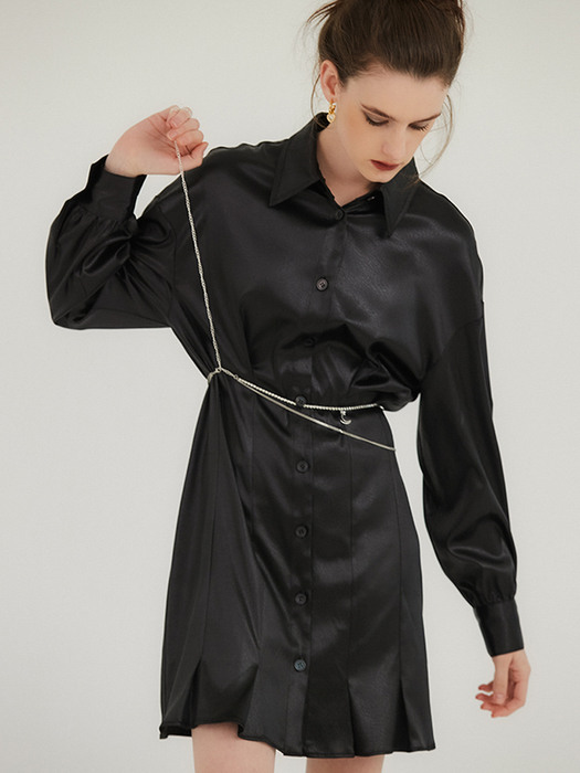Eco silky leather shirt dress / Black