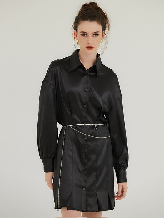 Eco silky leather shirt dress / Black