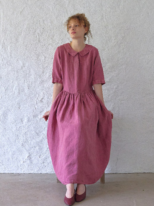 Natural dyed shirring linen dress