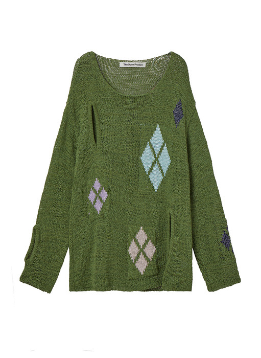 ARGYLE CUT-OUT KNIT PULLOVER, GREEN