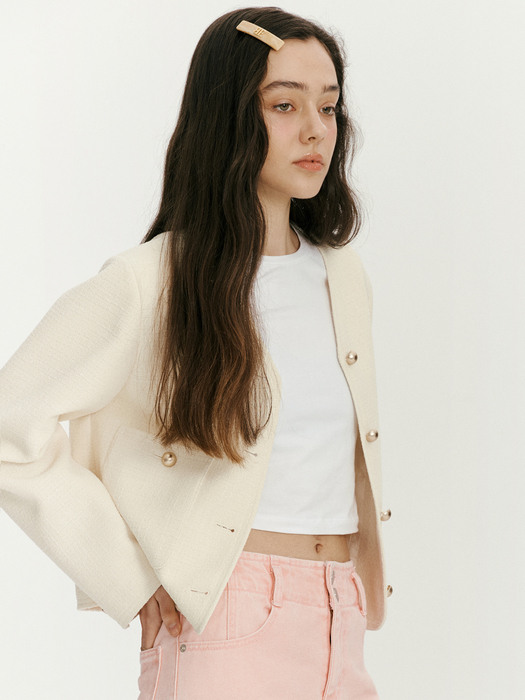 V-neck crop jacket - Cream beige