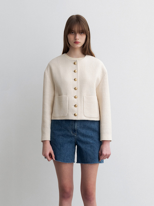 Round-neck Tweed Short Jacket Ivory (JWJA3E907IV)