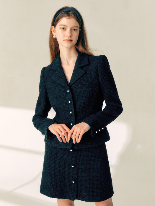 [SET]RIONA Notched collar tweed wool jacket (Black)+ESME H-line tweed wool mini skirt (Black)