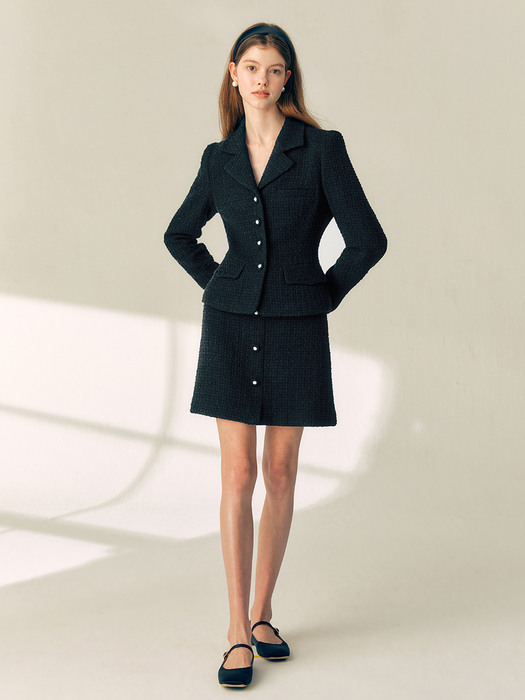 [SET]RIONA Notched collar tweed wool jacket (Black)+ESME H-line tweed wool mini skirt (Black)