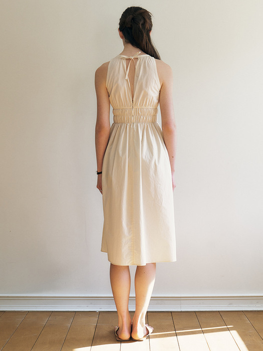 Giveny_Shirred Midi Waistband Dress_Beige