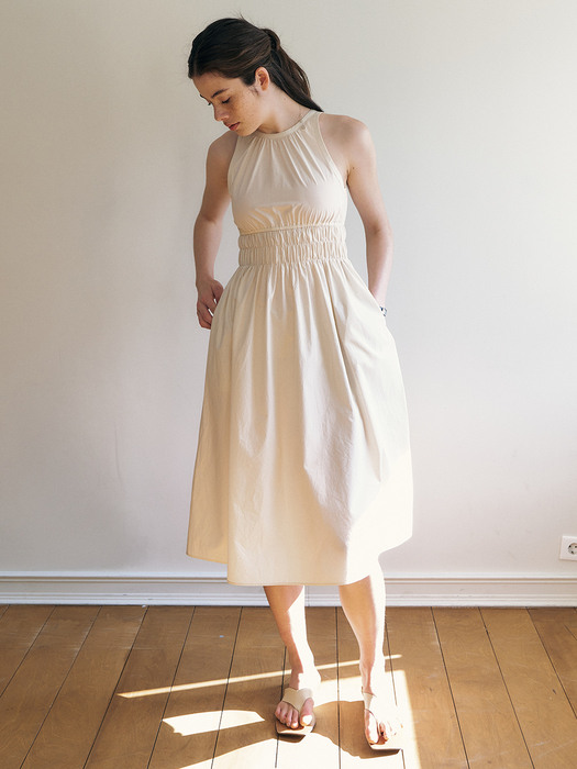 Giveny_Shirred Midi Waistband Dress_Beige