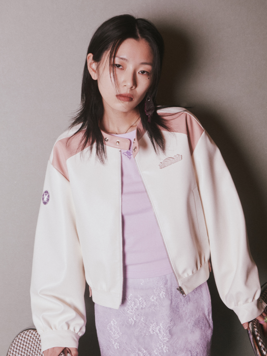 CROP FAUX LEATHER RACING JACKET_PINK