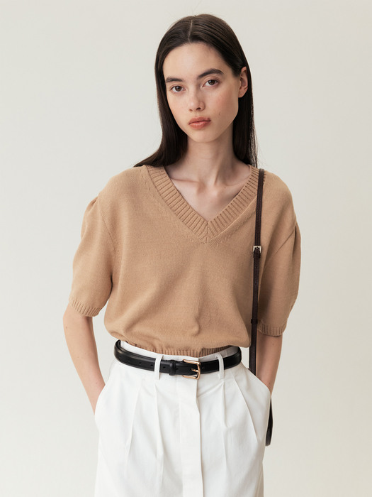 RESORT23 Puff Sleeve Knitted Top Camel