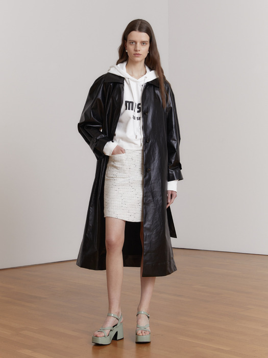 ALEX Coated Cotton Leather like Belted Trench Coat_Black