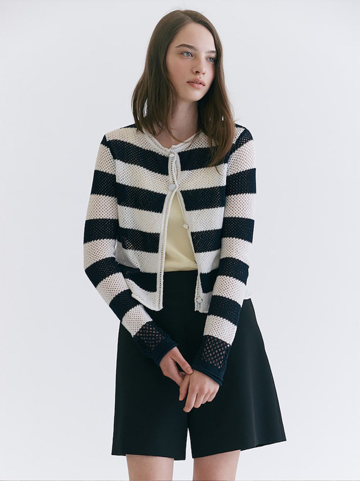 Cotton Blended Stripe Crochet Cardigan  Navy (WE375AT07R)