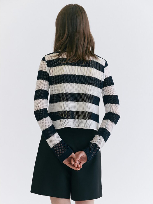 Cotton Blended Stripe Crochet Cardigan  Navy (WE375AT07R)
