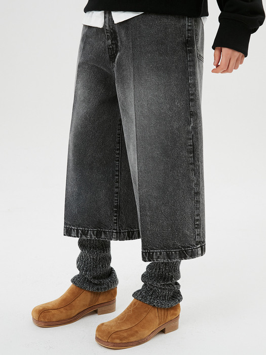 For men, Crochet Patch Culotte Denim Pants / Washed Out Black