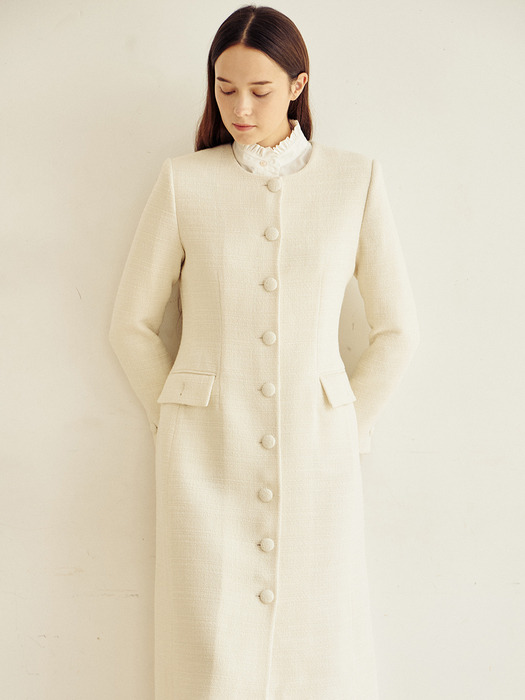 Classic Tweed Button Long Jacket - White
