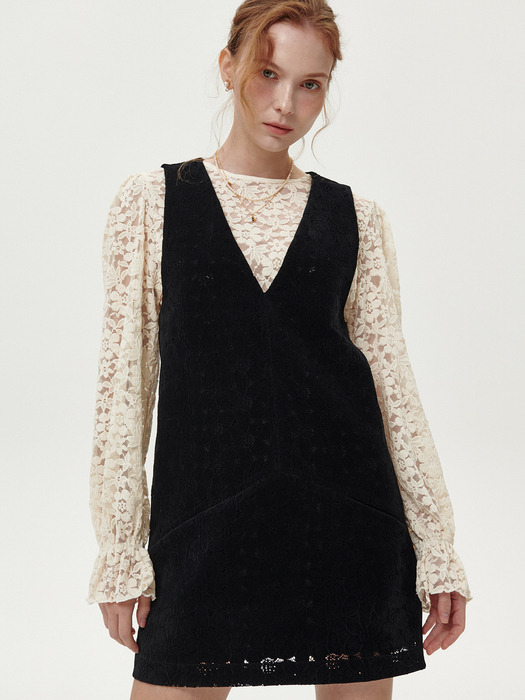 SUEDE LACE MINI DRESS_BLACK