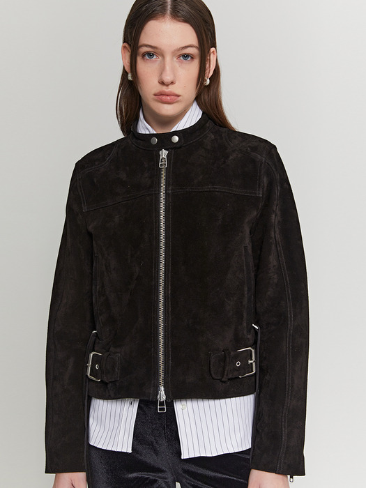 Calf Suede Zip Leather Jacket (Black)