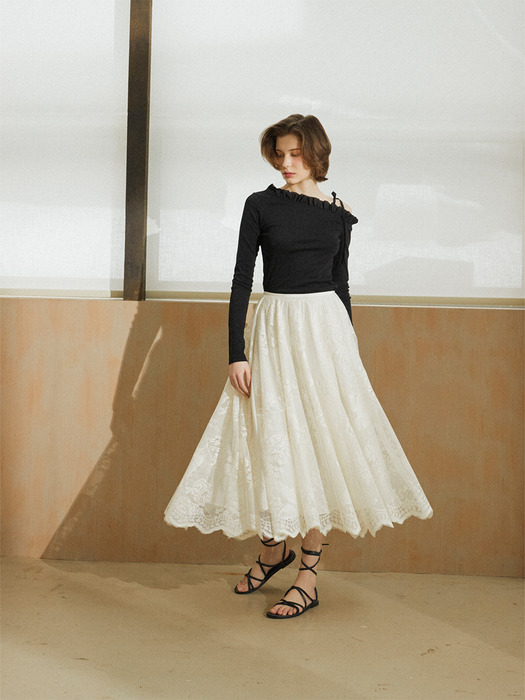 FLOWER LACE FLARE SKIRT_IVORY