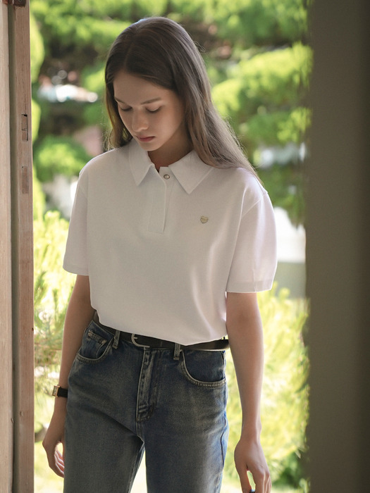 Heart detail half sleeve pique t-shirt_White - Image 3