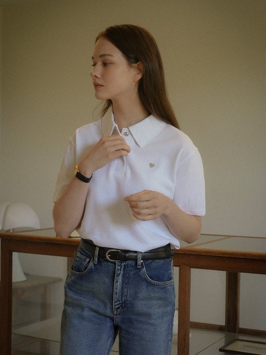 Heart detail half sleeve pique t-shirt_White - Image 1