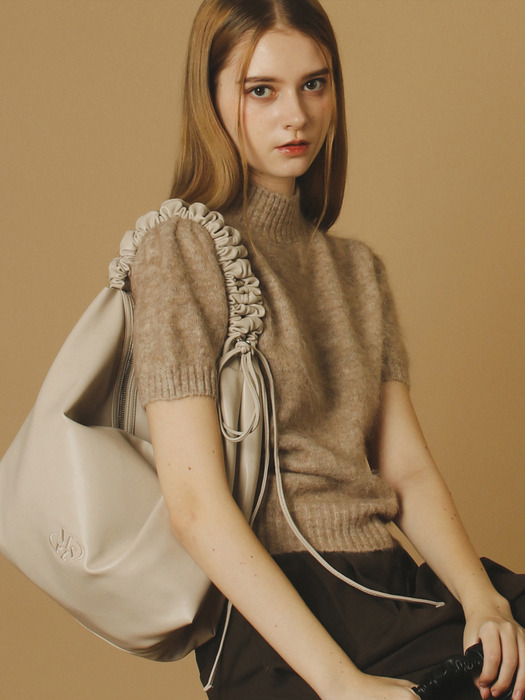 Leather 2way shirring hobo bag _ Beige gray